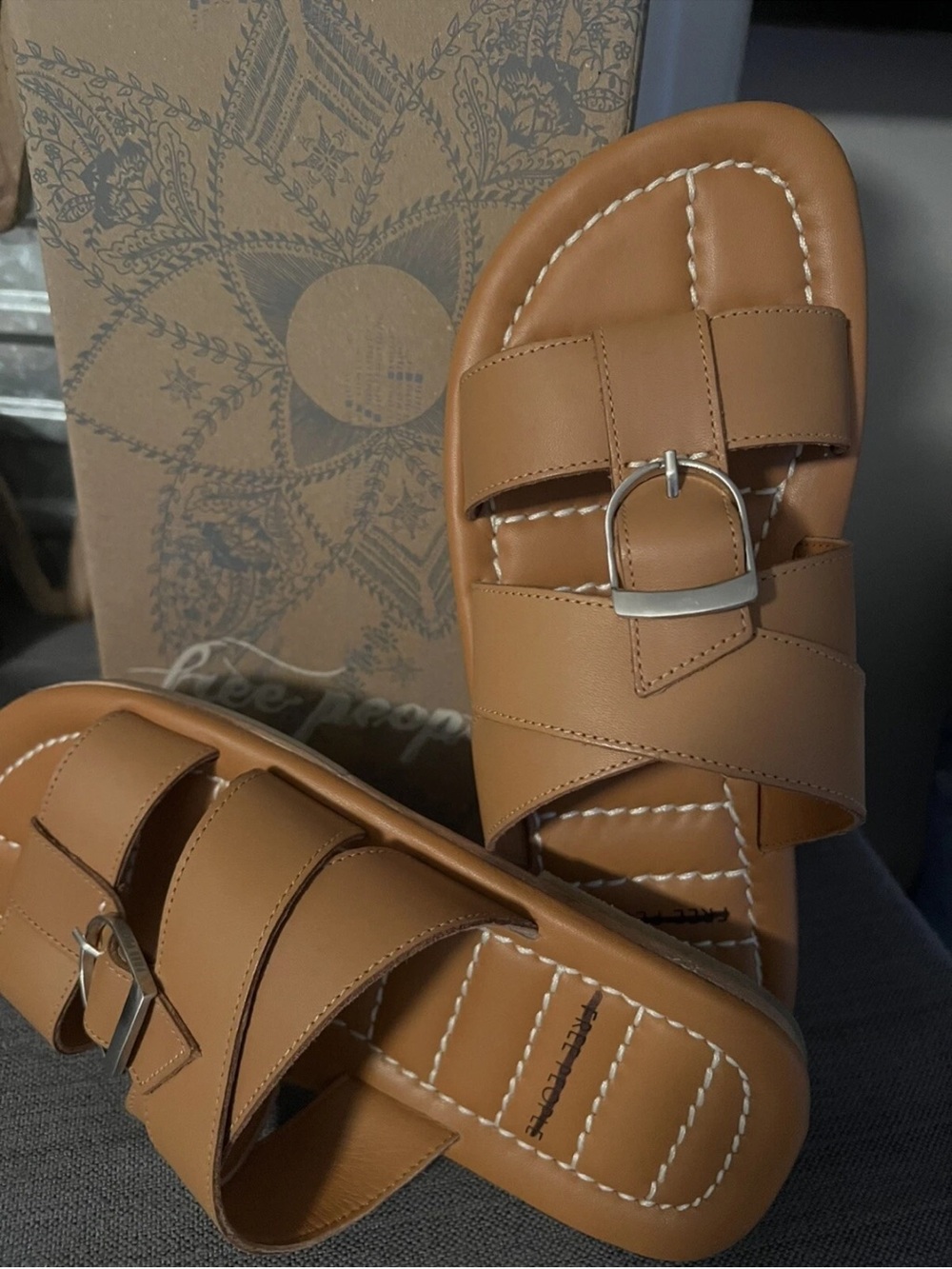 Free People Tan Leather Buckle Slide Sandals
